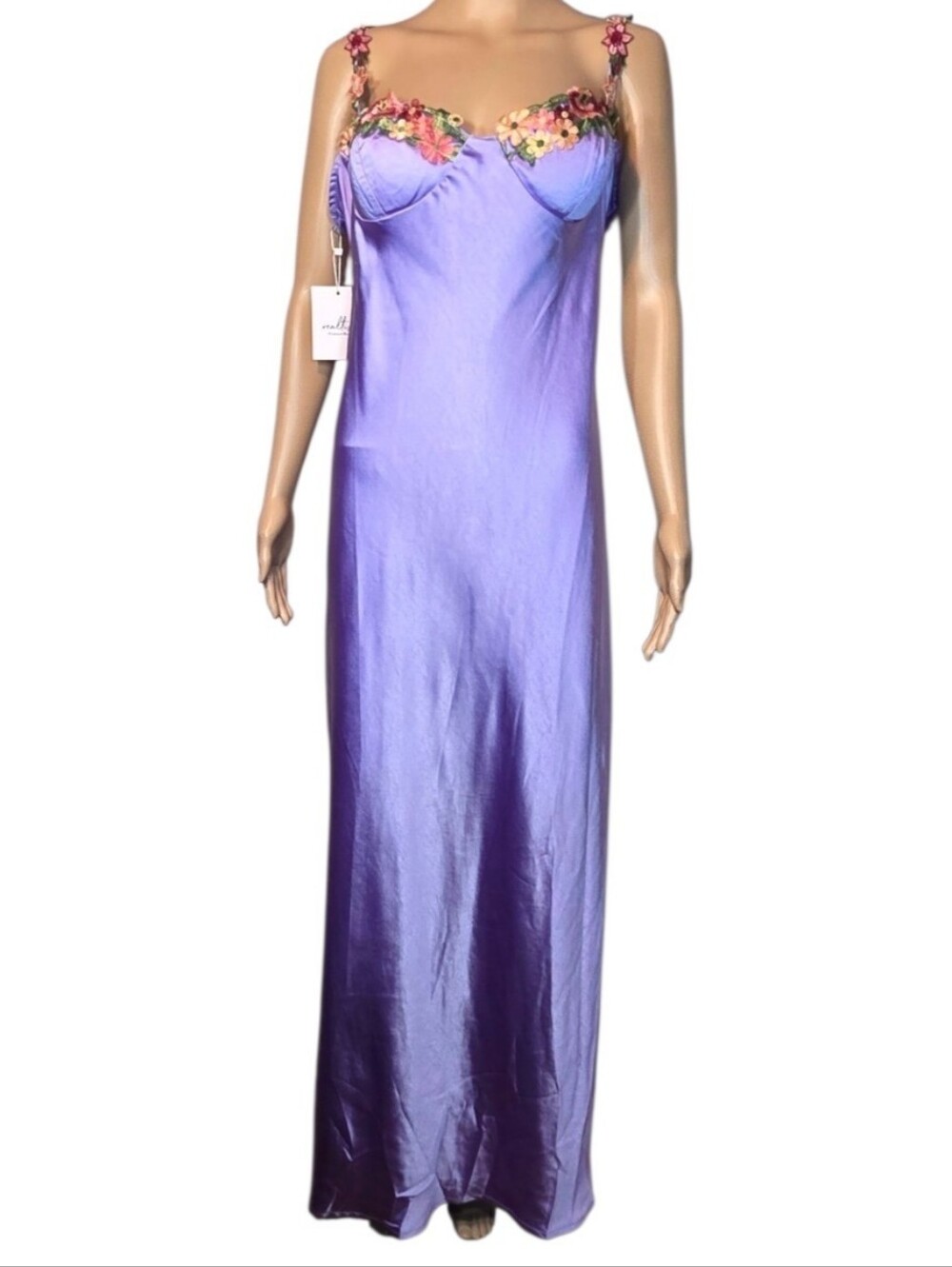 Realtix Dress Maxi NWT Embrodered Flowers Spagetti Straps Purple Womens Size XL